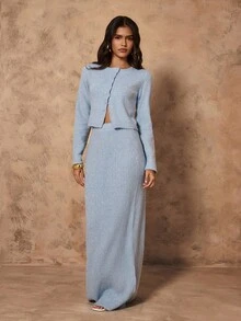 Almamuse New Autumn French Elegant Lady Elegant Versatile Blue Knitted Women Sweater 2 Pieces Set - Blue - View 3