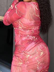 Tyla Gomez Women's Autumn & Winter New Romantic Date Sheer Tie Dye Print Bodycon Long Sleeve Mini Dress - Burgundy - View 6