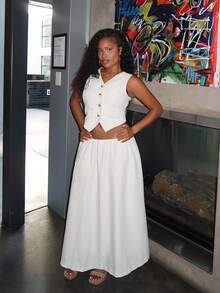 Tyla Gomez 女士夏季休闲纯色V领背心和裙子两件套亚麻 - 米色 - 查看 5