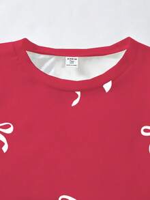 SHEIN Sparklyn Teen Girl Red Digital Print Sweatshirt With Black Bow Black Skinny Pants, Comfortable & Fitted Fall Winter