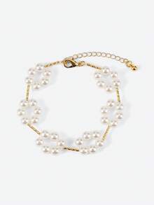 Opalesca Women's Fashionable & Elegant Beaded Flower Bracelet,For Mom/Women/Girl/Mother,Fall/Autumn/Winter,Outfits,Old Money,Premium,Pearl,Elegant,Fairycore/Fairy, Gold Color, For Women,For Mom/Women/Girl/Mother,Fall/Autumn/Winter,Outfits,Old Money,Premium,Pearl,Elegant,Fairycore/Fairy - Gold - View 2