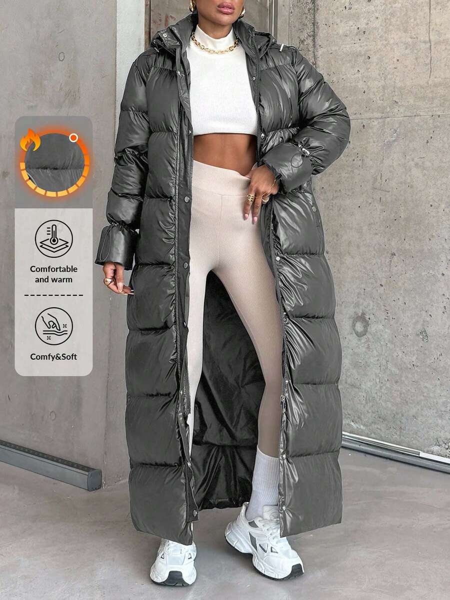 SHEIN Cottnline Women's Unique Design Drawstring Sleeve Padded Warm Puffer Long Down Coat - Grey - View 1
