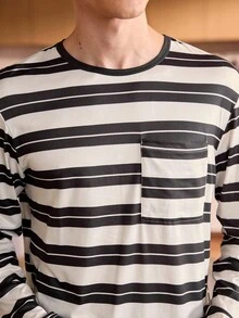 Manfinity Underwear&Sleepwear Basics Plus Size Women Striped Long Sleeve Pocket Top And Pants Pajama Set - Black and White - View 5