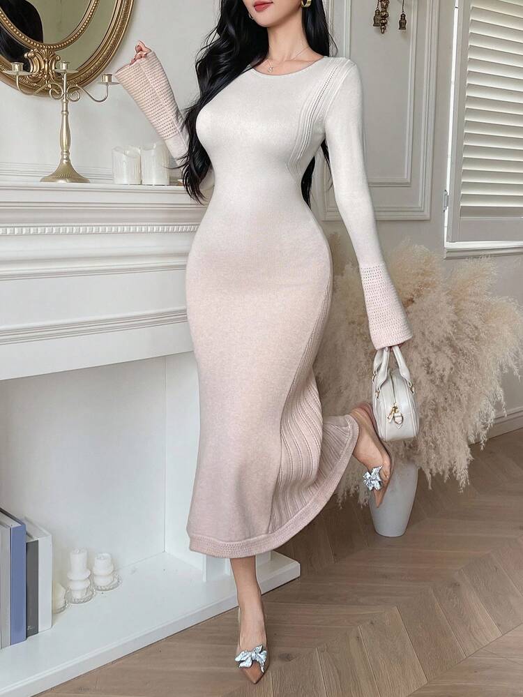 Women's Autumn Ombre Round Neck Flare Sleeve Fitted Elegant Knit Dress Sweater Dress