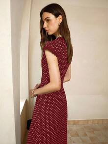 Cévolie Polka Dot Fitted V-Neck Lace Patchwork Women's Long Dresses - Red - View 2