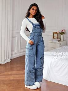 SHEIN PETITE Peto vaquero casual lavado para mujer - Azul - Ver 7