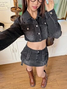 Rivivi 女士休闲水洗短款牛仔夹克 - 黑色 - 查看 2