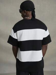 PAVTROS Men Casual Color Block Drop Shoulder Tee - Black and White - View 2