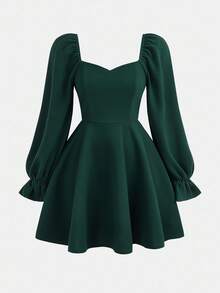 Girlism Teen Girls' Solid Color Sweetheart Neck A-Line Waist Dress - Dark Green - View 6
