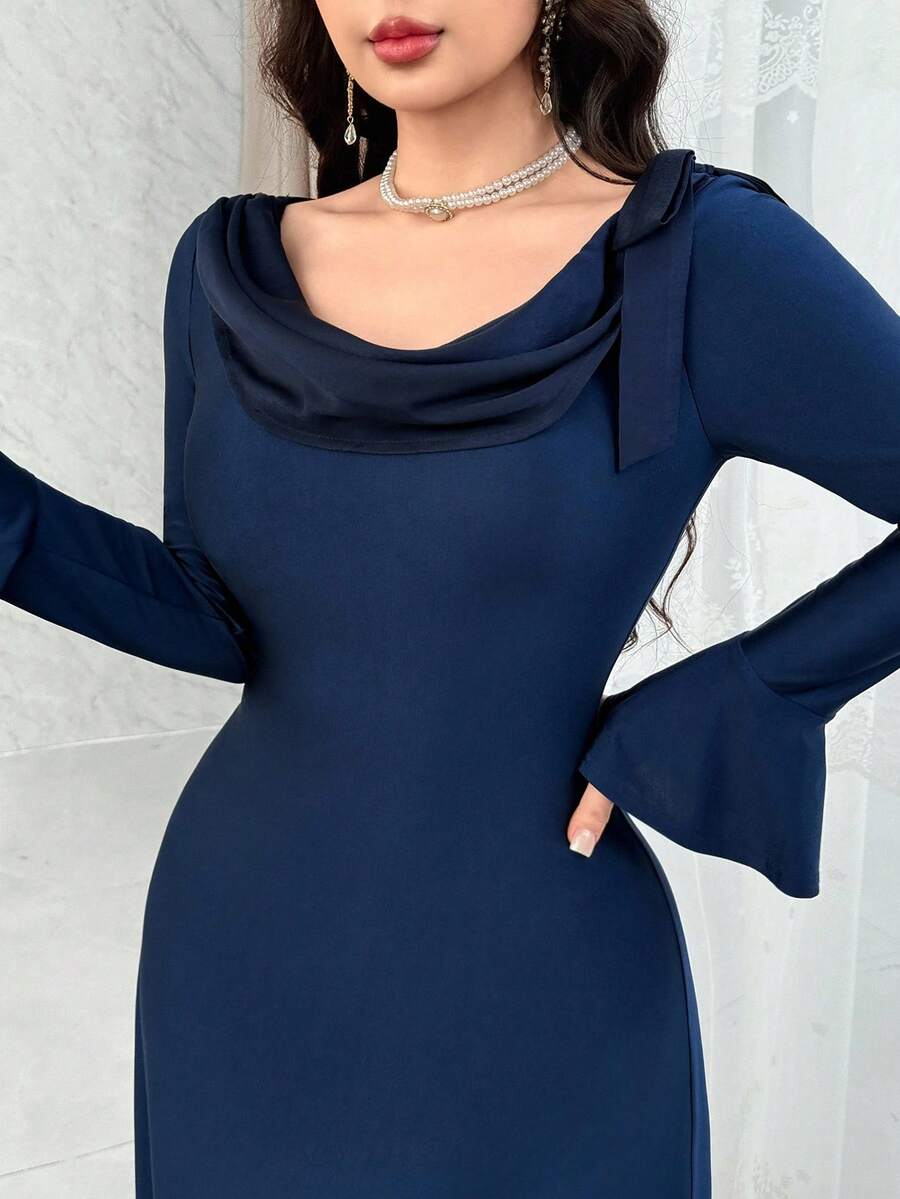 Modelyn 女士优雅圆领长袖束腰连衣裙 - Butter Yellow - 查看 1