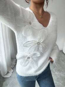 SHEIN Elenzya V-Neck Long Sleeve 3D Pearl Flower Women Sweater - Beige - View 6