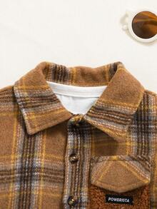 Playful Pals 1pc Baby Boys' Lapel Long Sleeve Plaid Retro Khaki Shirt Jacket,Korean Casual Fleece Thickened Brushed Cotton Teddy Pocket Autumn Airport Outings - Khaki - View 6