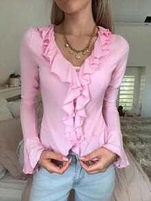 SHEIN EZwear 女装秋冬休闲装甜美小清新少女荷叶边金属扣装饰水晶扣粉色休闲荷叶边喇叭袖长袖T恤，粉色 - 粉色 - 查看 5