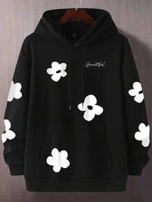 Claim Dot Plus Size Men's Letter & Floral Print Long Sleeve Drawstring Hooded Casual Sweatshirt, Autumn/Winter Flower Hoodie Black Graphic Hoodies