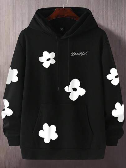 Manfinity Hypemode 大码男士字母和花卉印花长袖抽绳连帽休闲运动衫，秋冬