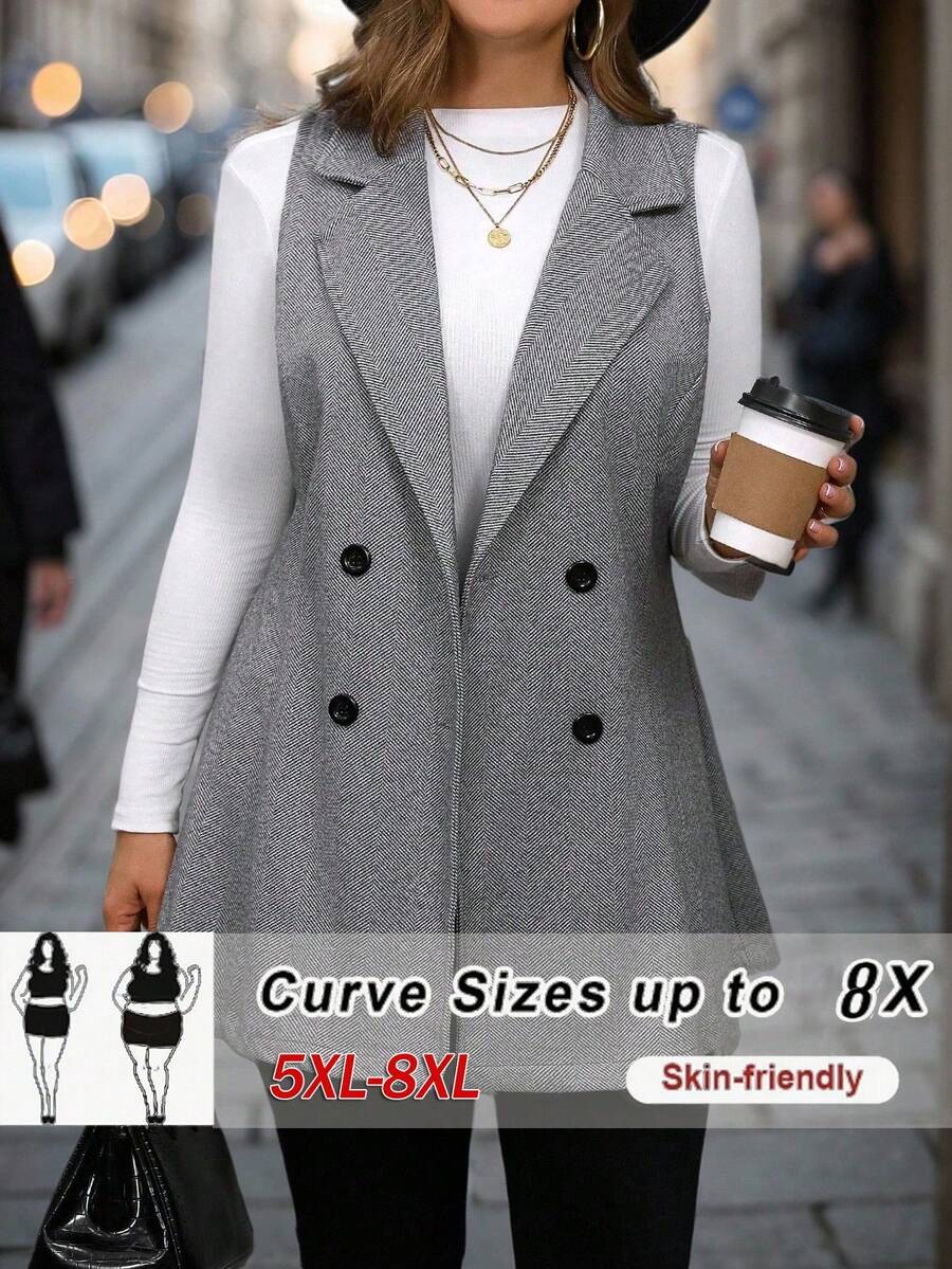 SHEIN CURVE+ Plus Size Women's Elegant Herringbone Thick Woolen Blazer, Notched Collar, Double-Breasted, Contrast Button Design, A-Line Waist, Fashionable, Suitable For Outings, Parties, Dates, Christmas, Sleeveless Woolen Vest - Grey - View 1