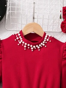 Vestido elegante con cuello de pie, manga larga y volantes en el bajo para niña preadolescente con decoración de perlas - Multicolor - Ver 4
