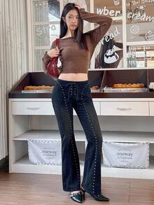 SHEIN Unity Sexy Vintage Lace-Up Rivet Low-Waist Denim Jeans - Black - View 4