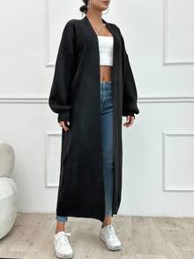 SHEIN Tall Dual Pocket Drop Shoulder Open Front Black Cardigan - Black - View 4