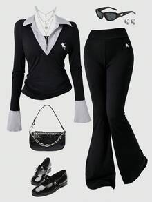 SHEIN 2 件套青少年女孩 V 领喇叭袖短款上衣 + 修身喇叭裤，黑白经典马匹装饰，长袖 T 恤上衣 + 裤子套装 - 黑色 - 查看 1