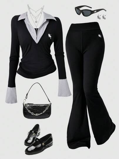 SHEIN 2pcs/Set Teenage Girls V-Neck Flare Sleeve Cropped Top + Slim Flare Pants, Black & White Classic Horse Decor, Long Sleeve T-Shirt Top + Pants Set Fall Winter