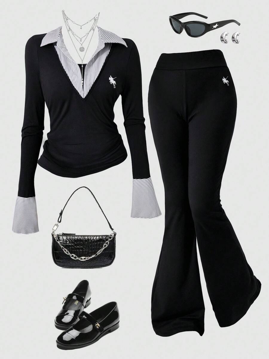 SHEIN 2 件套青少年女孩 V 领喇叭袖短款上衣 + 修身喇叭裤,黑白经典马匹装饰,长袖 T 恤上衣 + 裤子套装 - 黑色 - 查看 1