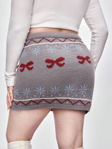 ROMWE Kawaii Falda de punto de línea A con decoración de lazo y pompón de colores para mujer talla grande, otoño/invierno - Gris - Ver 7