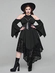 ROMWE Đầm maxi tay loe họa tiết hoa cổ ren viền bất đối xứng phong cách Gothic cỡ lớn, đầm dài thanh lịch tối màu theo phong cách Gothic cỡ lớn cho mùa thu/đông, đầm dài cổ điển sang trọng theo phong cách Gothic cỡ lớn cho phụ nữ mặc trong lễ Halloween, tiệc Giáng sinh - màu đen - Xem 4