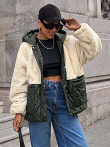 EURMUSE Patchwork Plush-Padded Jacket, Quilted Winter Coat With Hood, Two Pockets, Teddy Fabric, Warm And Fashionable - Army Green - View 4