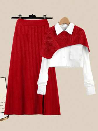 GlowEve Women Solid Color Asymmetric Cropped Sweater & Split Hem Knit Skirt 2 Pieces Set