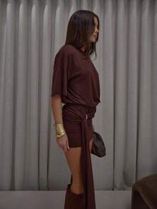 MUSERA Loose Fit Square Shoulder Fitted Skirt Drape Ring Detail T-Shirt Dress Streetwear Cute Classy Casual Sexy Going Out Fall Autumn Toffee   Party Winter  Elegant