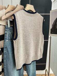 SHEIN PETITE 休闲宽松圆领无袖针织撞色滚边卡其色秋冬女式针织上衣，适合秋冬季外出穿着 - 卡其色 - 查看 2