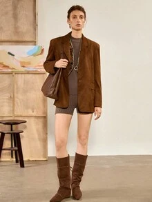 Chiquease 2pcs Women Solid Color Crew Neck Loose Pullover Sweater Set With Leggings/Shorts, Autumn/Winter - Brown - View 5
