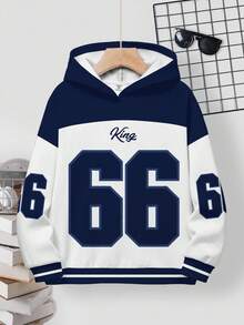SHEIN Tween Boy Casual Loose Comfortable Baseball Culture Patchwork Pattern, Digit 66 & King Text Graphic Print Long Sleeve Hoodie, Suitable For Autumn/Winter