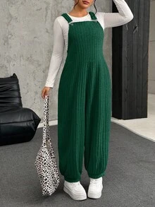 SHEIN EZwear Plus Size Grey Elastic Fleece Ribbed Bib Pants, Autumn/Winter - Dark Green - View 4