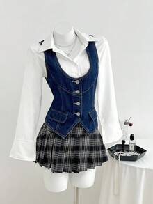 Elamini 女式单排扣仿口袋休闲百搭牛仔背心 - 藍色 - 查看 1