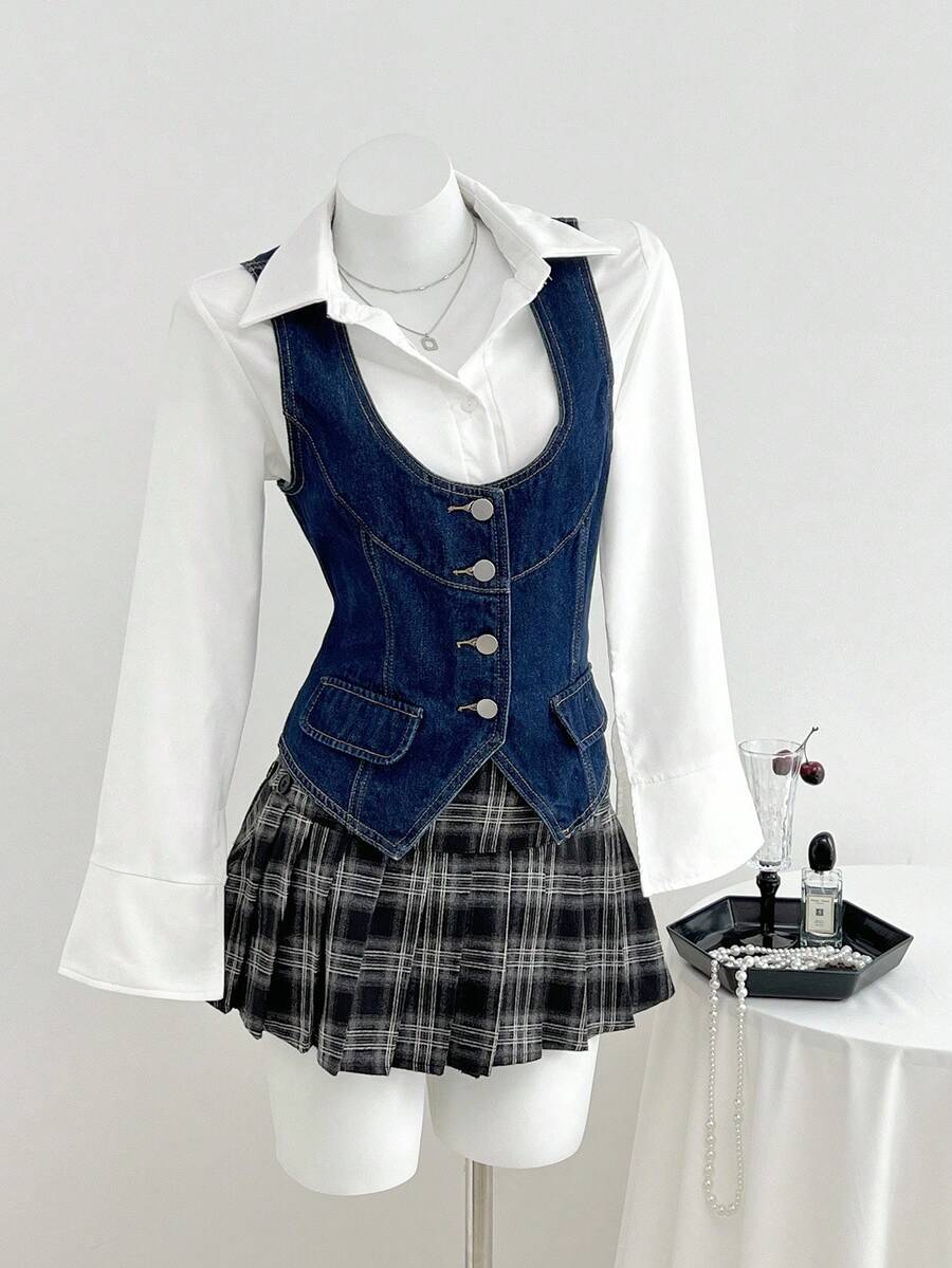 Elamini 女式单排扣仿口袋休闲百搭牛仔背心 - 藍色 - 查看 1