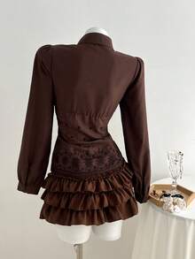 Elamini 女士棕色长袖衬衫，腰部收紧，蕾丝边，优雅装扮，适合秋冬季日常、通勤、休闲穿着 - 棕色 - 查看 2