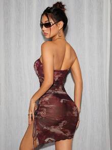 SHEIN PETITE Tie Dye Drawstring Side Ruched Mesh Bodycon Dress For Music Festival Outfits