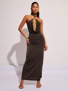 COSMINA Đầm hở lưng cổ khoét sâu gợi cảm thời trang dành cho nữ - màu nâu - Xem 7