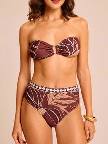 CAJUNI Top bandeau con estampado floral rojo-marrón y Bottom de cintura alta para vacaciones, bikini estampado para playa y citas