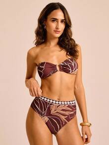 CAJUNI Top bandeau con estampado floral rojo-marrón y Bottom de cintura alta para vacaciones, bikini estampado para playa y citas