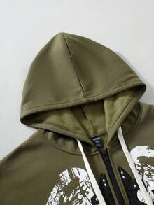 ROMWE MEN Goth Men's Graphic Embroidered Zip Up Hooded Sweatshirt, Street Style American Patch Design, Fall Winter - Green - View 8