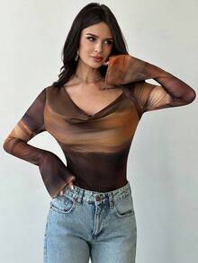 Firerie Women's New Elegant Minimalist Daily Casual Commute Versatile Brown Tie Dye Print Asymmetric Collar Long Sleeve Fitted Bodysuit, Autumn Fashion, Going Out Tops For Women, Airport Outfit For Women - Multicolor - View 4