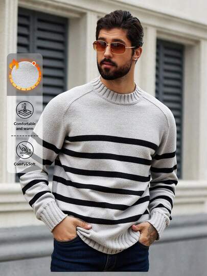 RueChic Men Stripe Pattern Raglan Sleeve Crew Neck Fashion Regular Sweater