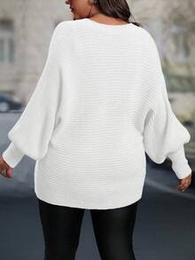 EMERY ROSE Plus Size Casual Solid Color Batwing Sleeve Sweater, Autumn/Winter - White - View 2