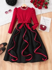 Vestido elegante con cuello de pie, manga larga y volantes en el bajo para niña preadolescente con decoración de perlas - Multicolor - Ver 3