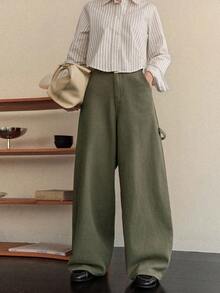 Dazy-Less Quần jeans nữ dáng rộng, ống loe có túi, kiểu dáng công sở thường ngày. - xanh quân đội - Xem 5