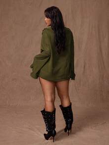 Rustia Áo cánh tay dài dáng rộng, thắt nơ phía trước, chất liệu voan mỏng, mỏng, hai lớp nhún bèo, màu trơn cỡ lớn dành cho nữ - xanh quân đội - Xem 2