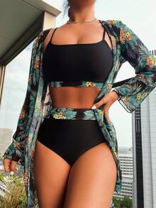 Swim Lushoire 3pcs/Set Printed Bikini Swimsuit (Assorted Prints) - Green - View 1